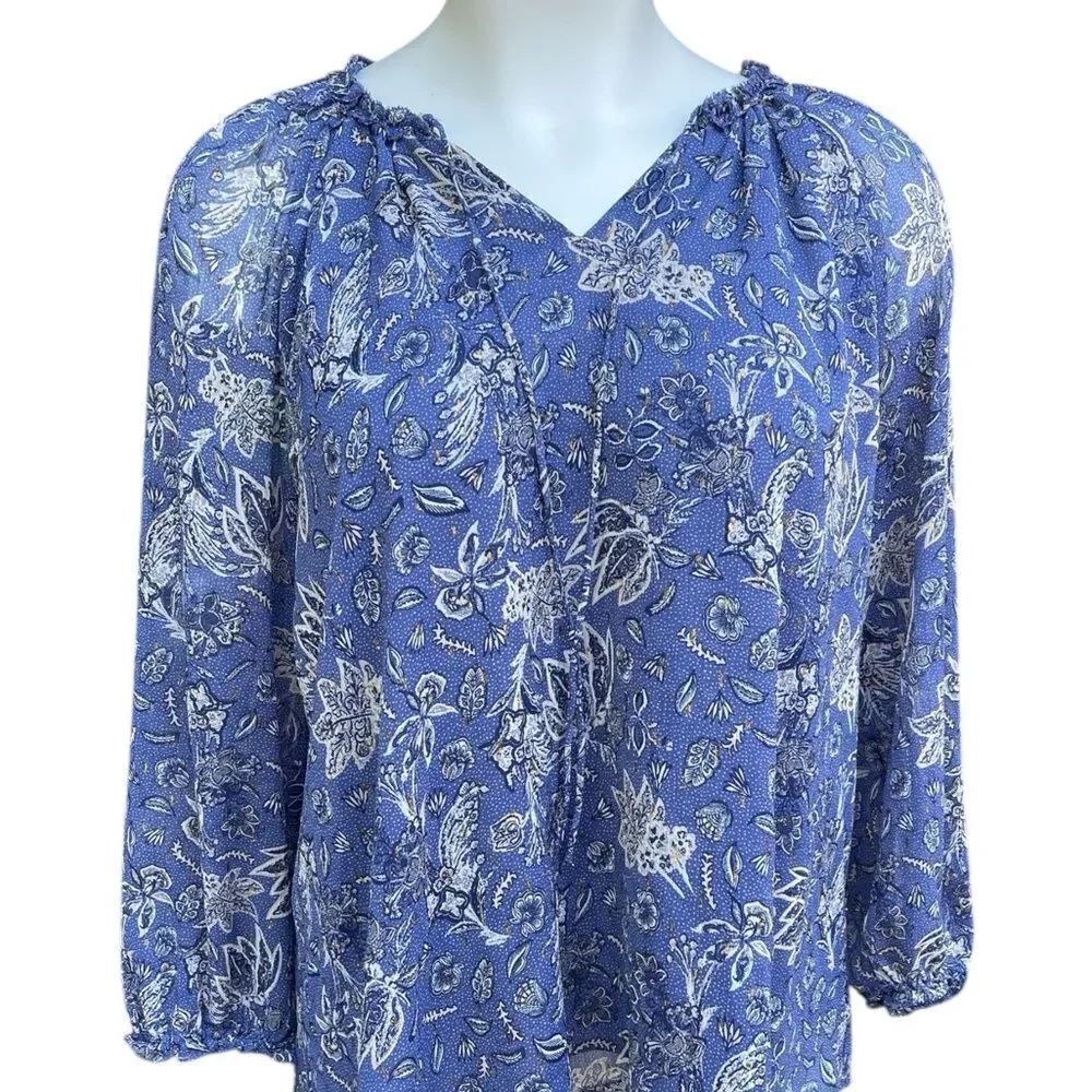 Lane Bryant Blue and White Floral Blouse gold glitter sheer Elastic bell sleeve